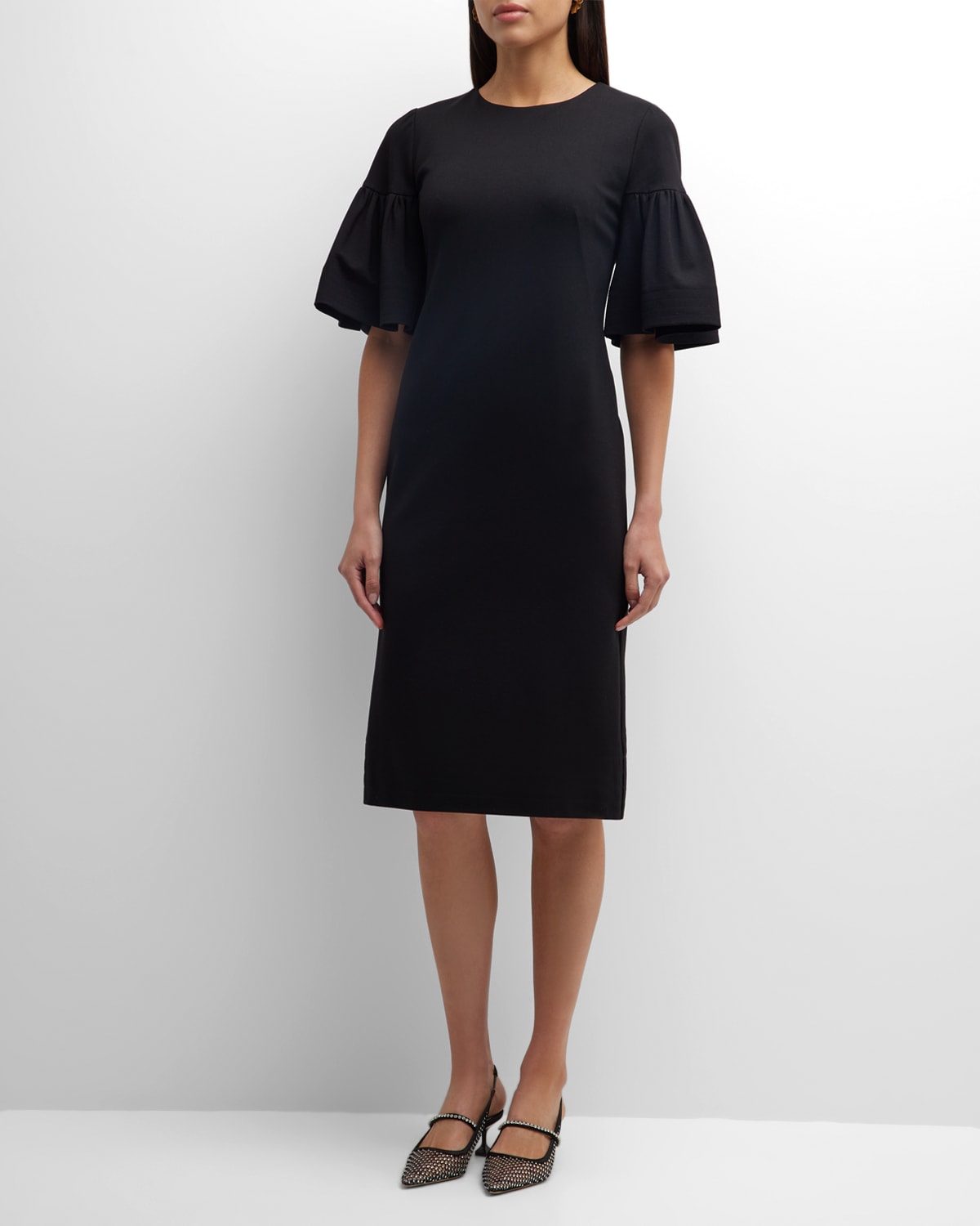 kate spade new york pleated blouson-sleeve ponte midi dress | Neiman Marcus