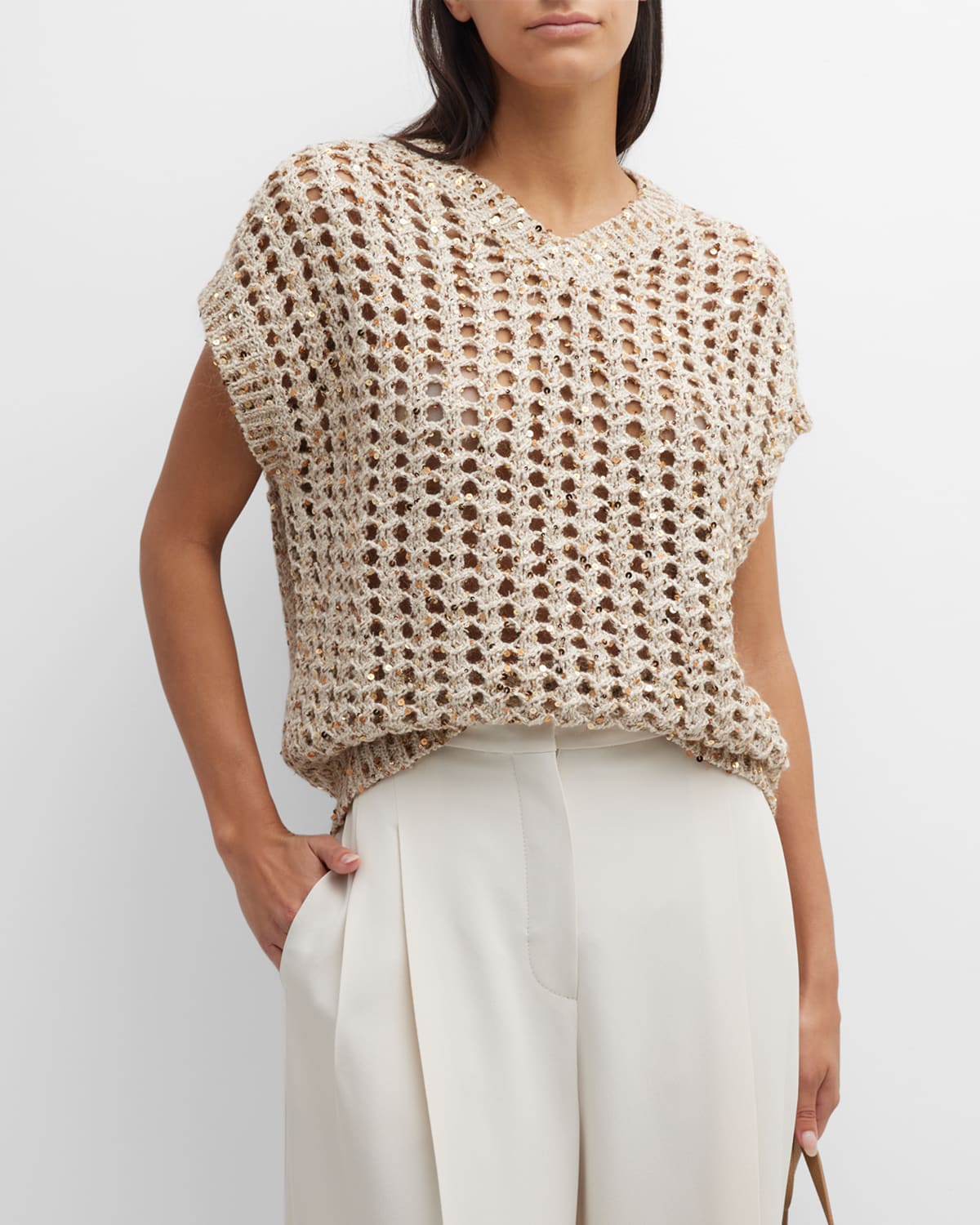 Brunello Cucinelli LinenSilk Paillette NetKnit Sweater Neiman Marcus