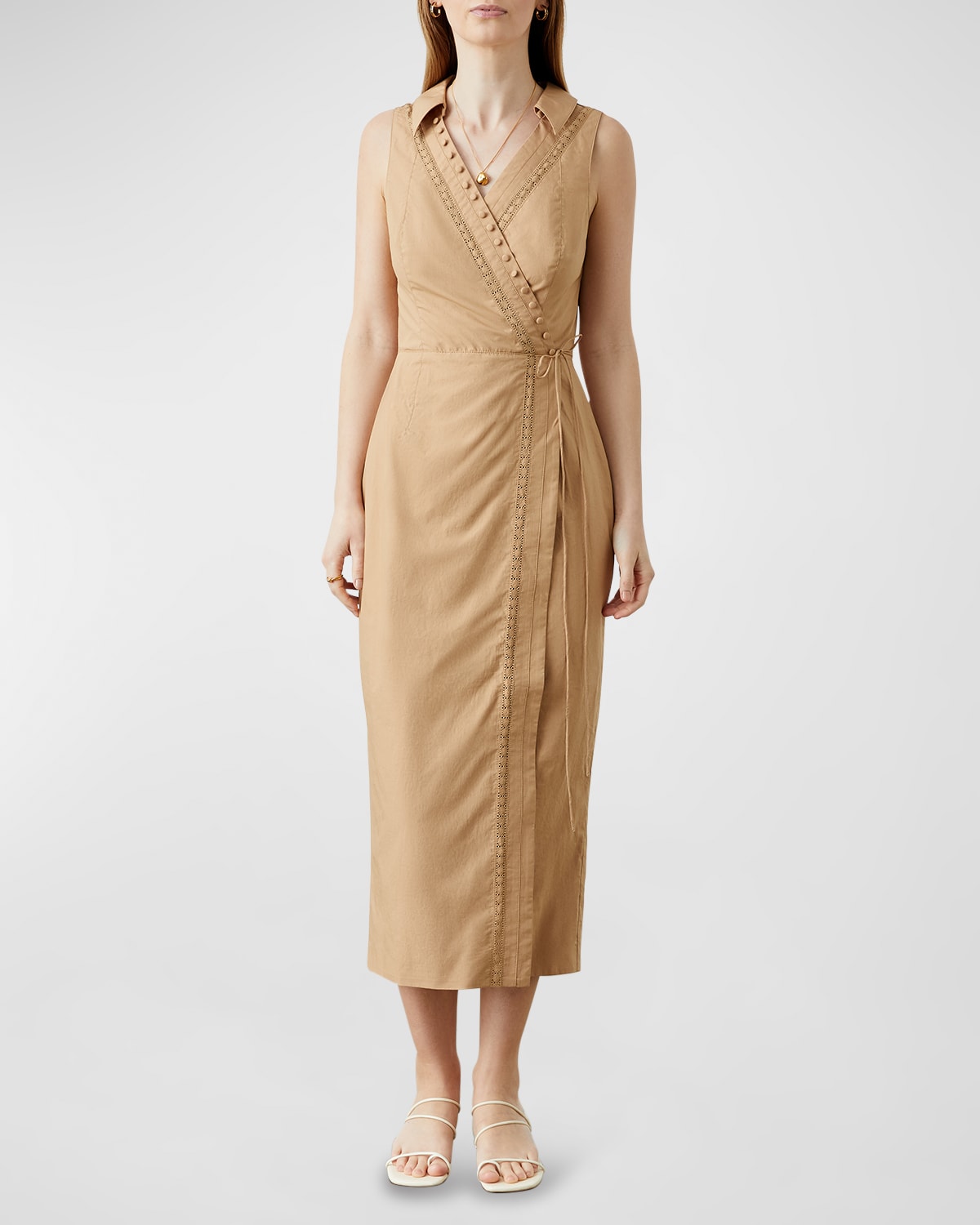 JOSLIN Amelia Sleeveless Poplin Wrap Midi Dress | Neiman Marcus