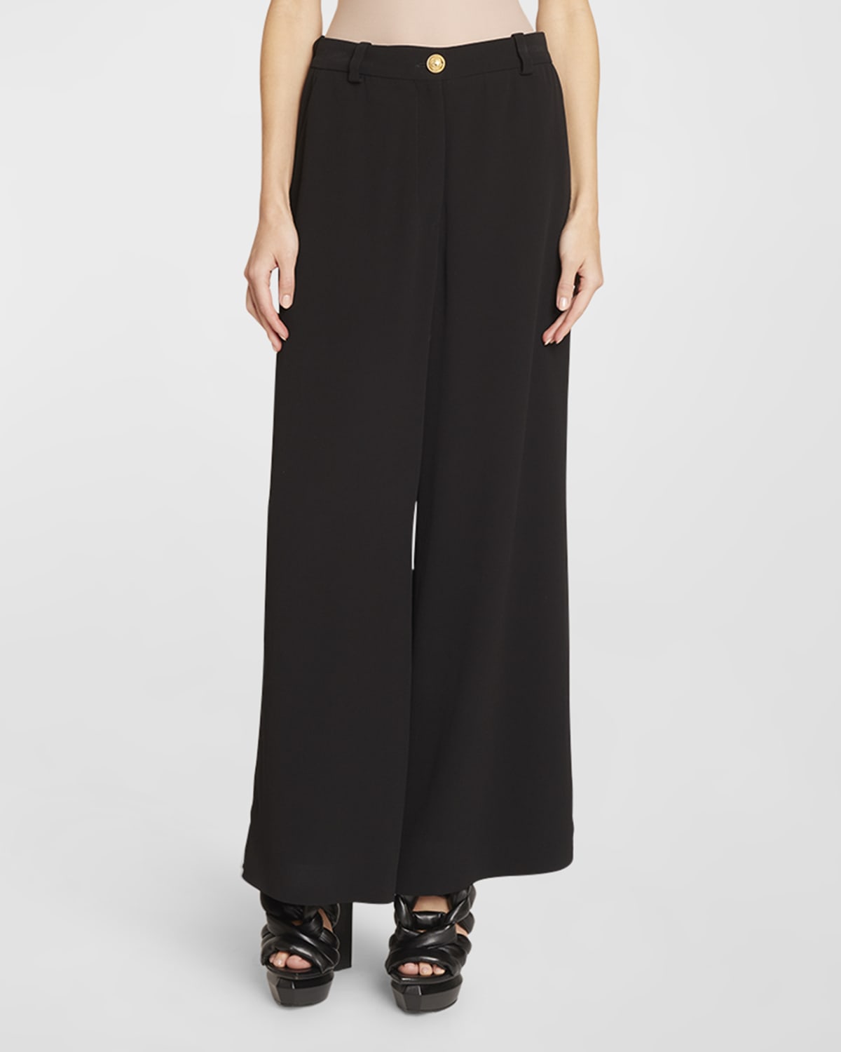 Balmain 6-Button Crepe Wide-Leg Pants | Neiman Marcus