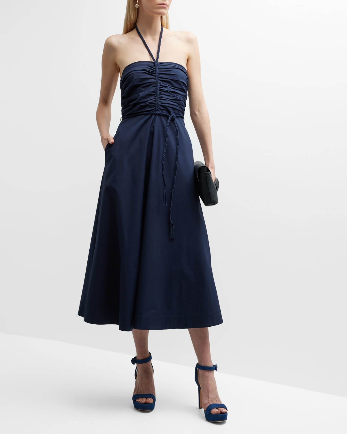 Veronica Beard Fitz Halter Ruched Fit-And-Flare Midi Dress | Neiman Marcus