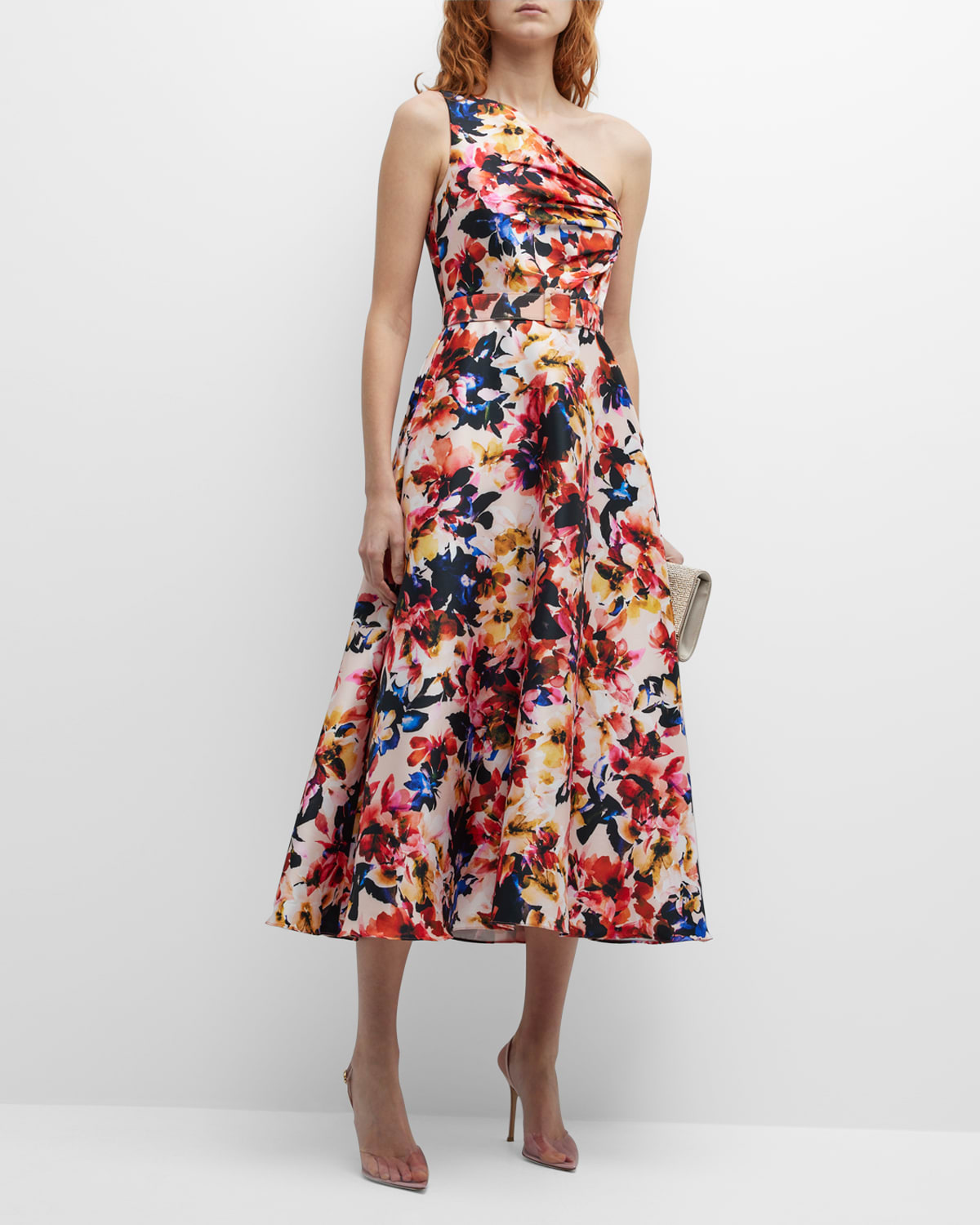 Milly Naya Pleated One-Shoulder Cady Midi Dress | Neiman Marcus