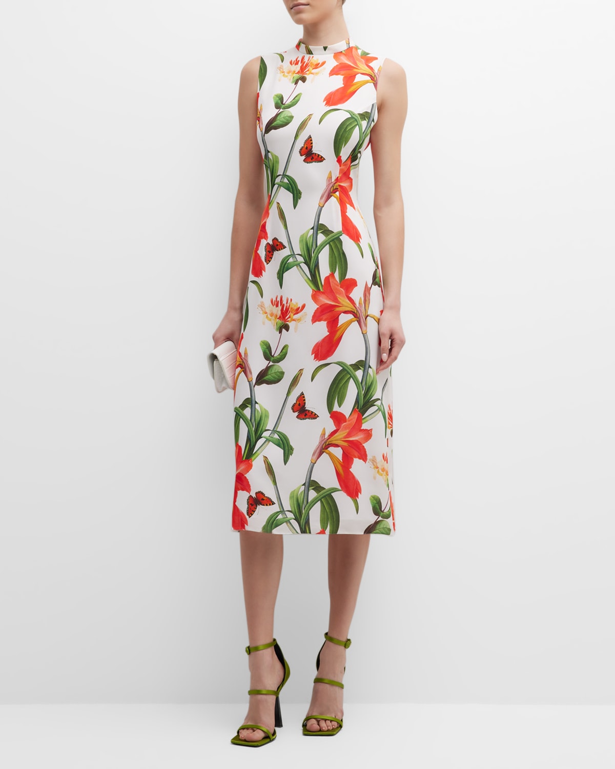 Tory Burch Geometric Garden Printed Mock-Neck Midi Dress | Neiman Marcus