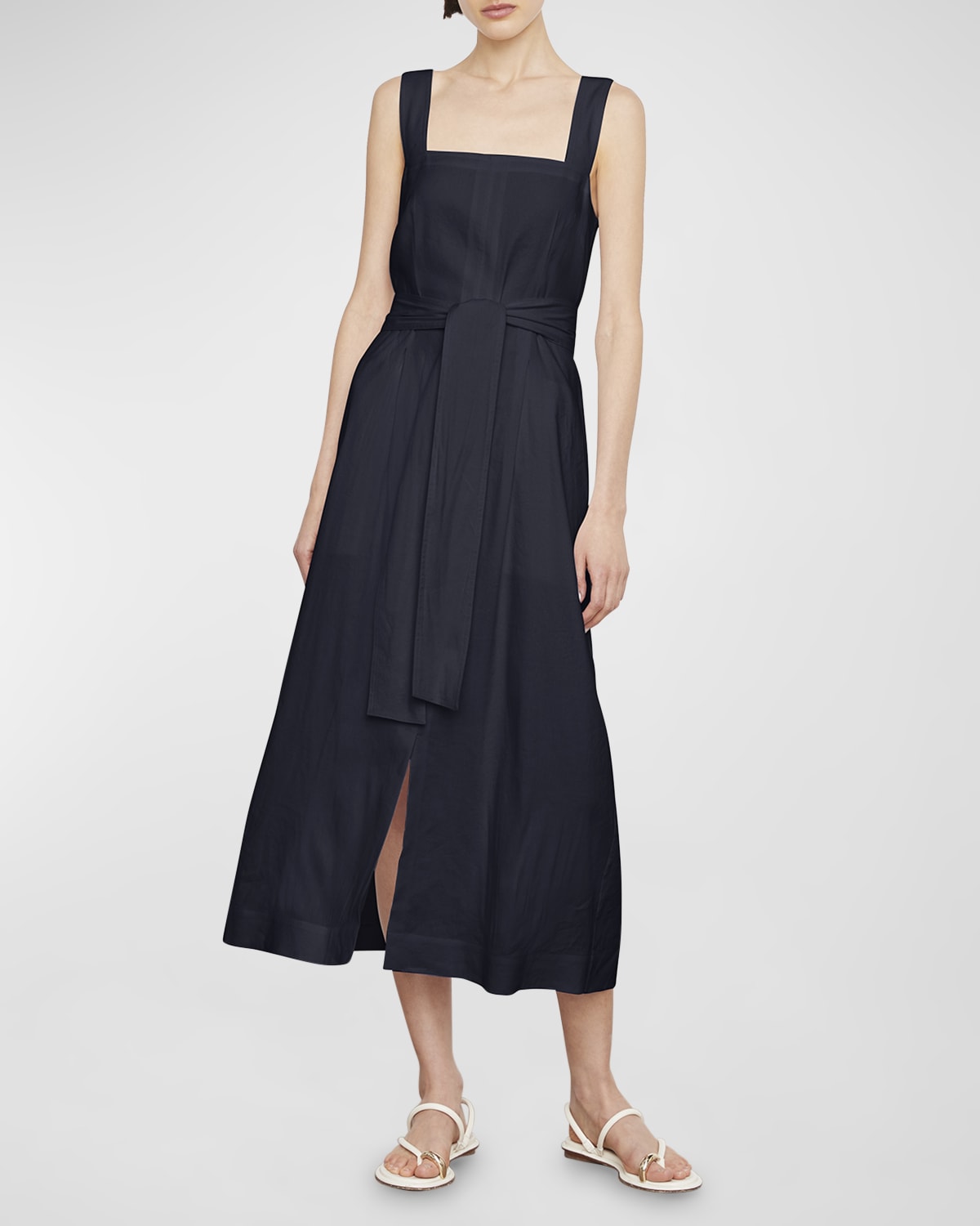 Vince WideStrap Belted SquareNeck Midi Dress Neiman Marcus
