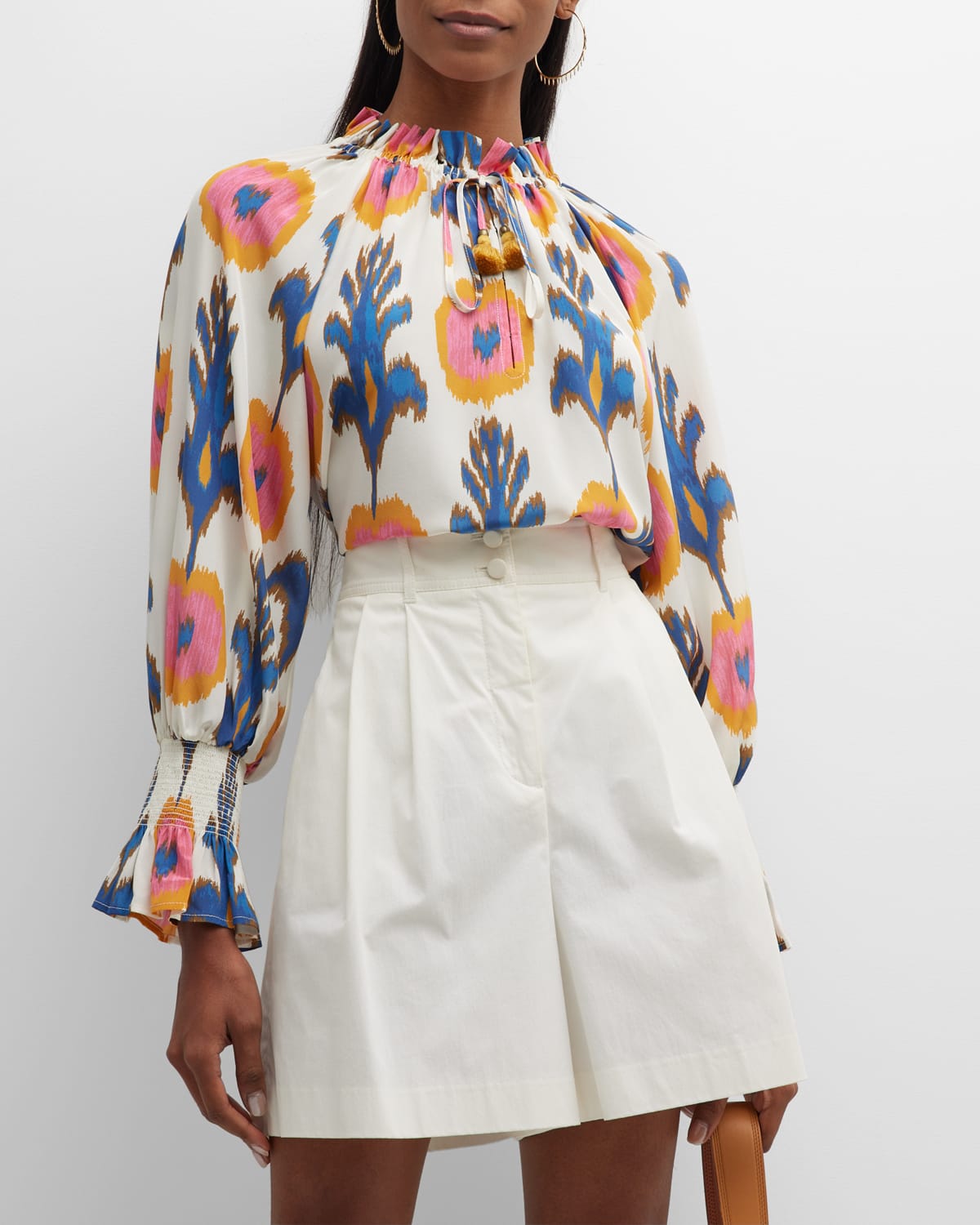 HUTCH Contrast ColorRuffle Ikat PuffSleeve Top