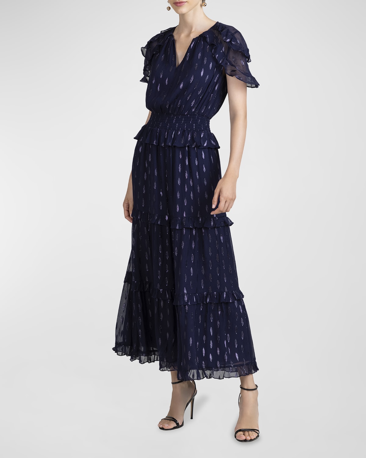 Shoshanna Tiered Flutter-Sleeve Maxi Dress | Neiman Marcus