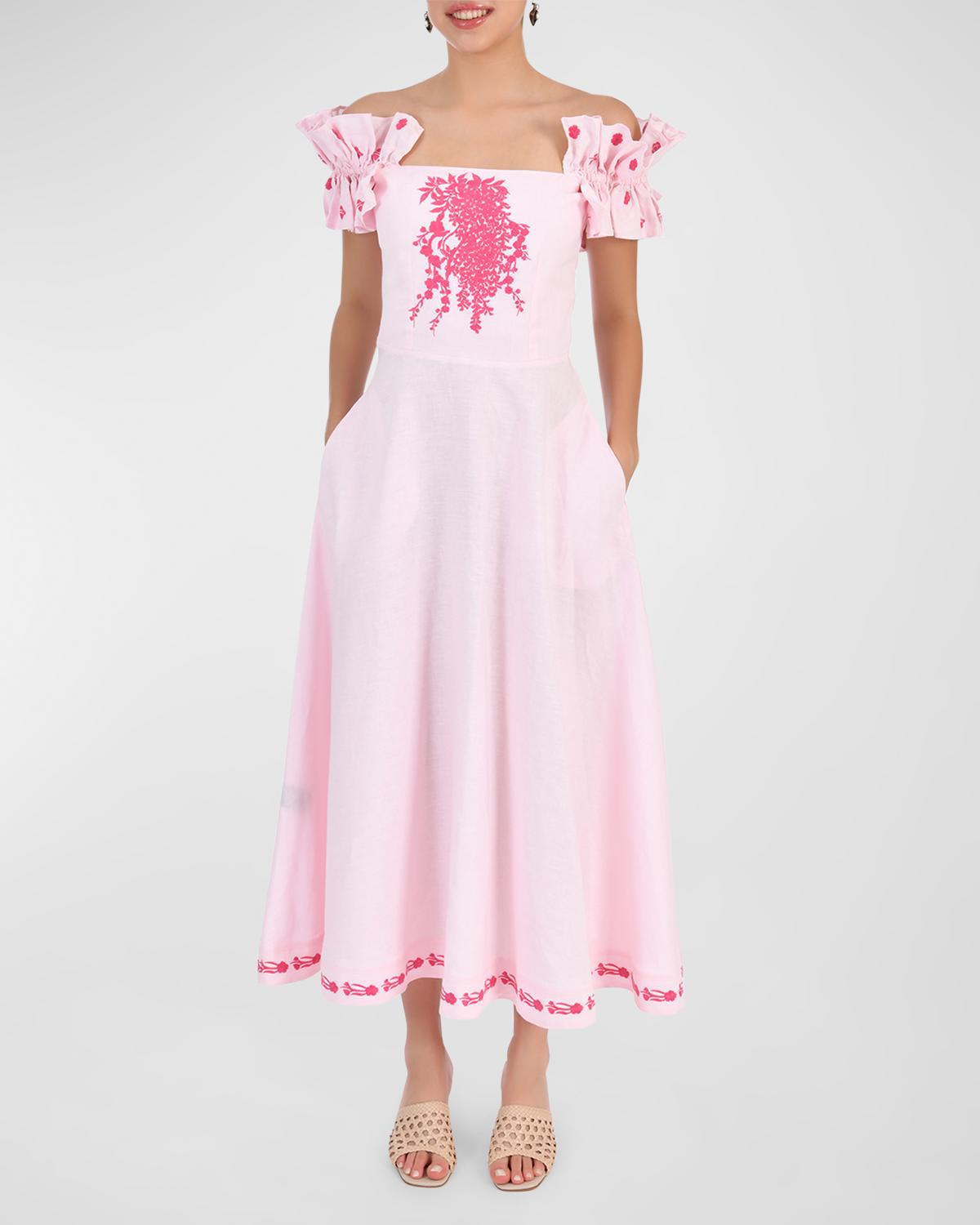 FANM MON Lorr Floral Linen Strapless Midi Dress | Neiman Marcus