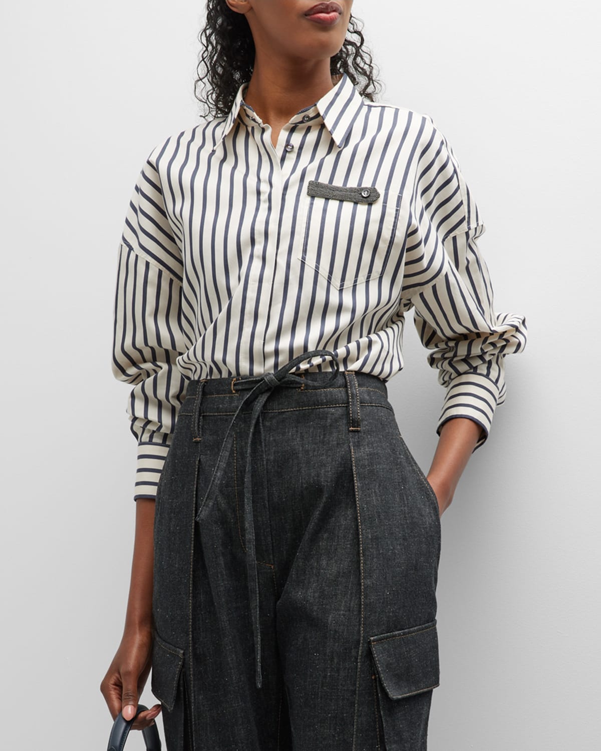 Brunello Cucinelli Striped Monili-Trim Collared Blouse | Neiman Marcus