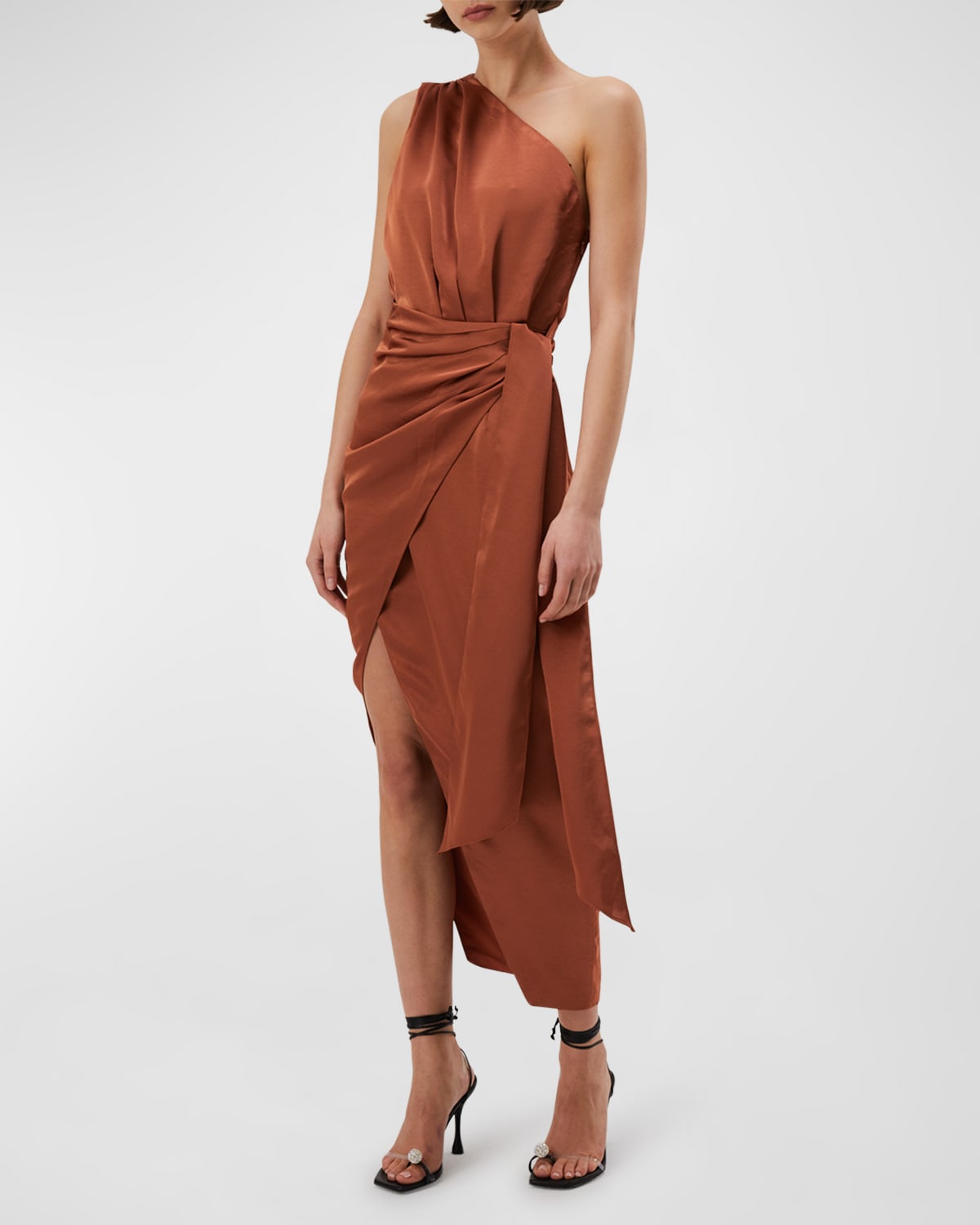Mixed Floral Print Shirred One Shoulder Midi Dress