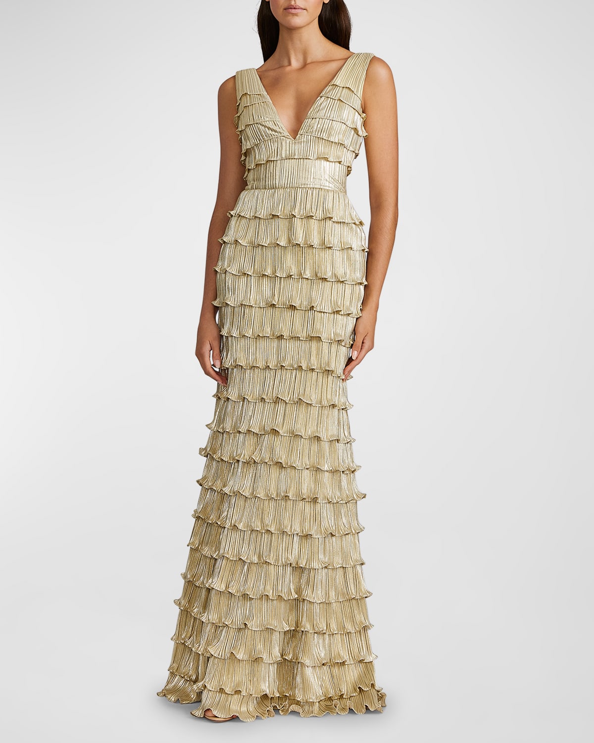 Zac Posen Cutout Deep V-Neck Fringe Gown | Neiman Marcus