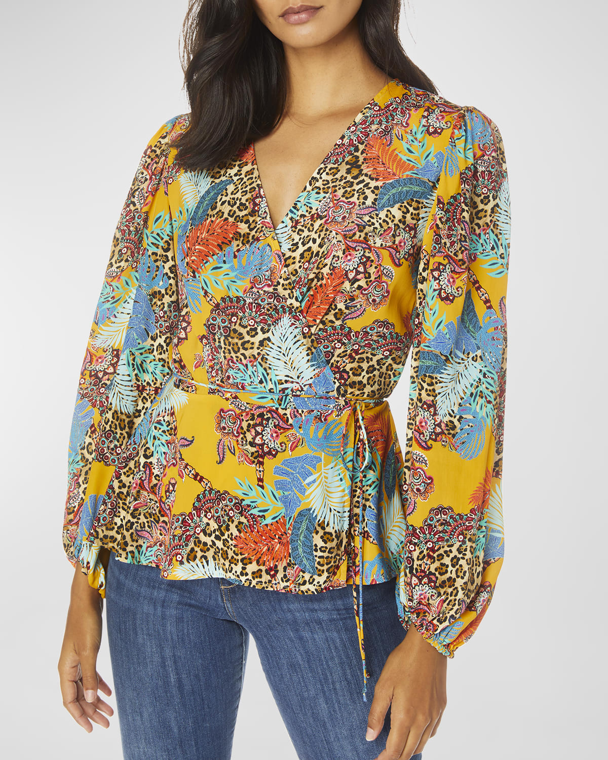 TIE FRONT BLOUSON SLEEVE BLOUSE WINDMILLS AND WILDFLOWERS