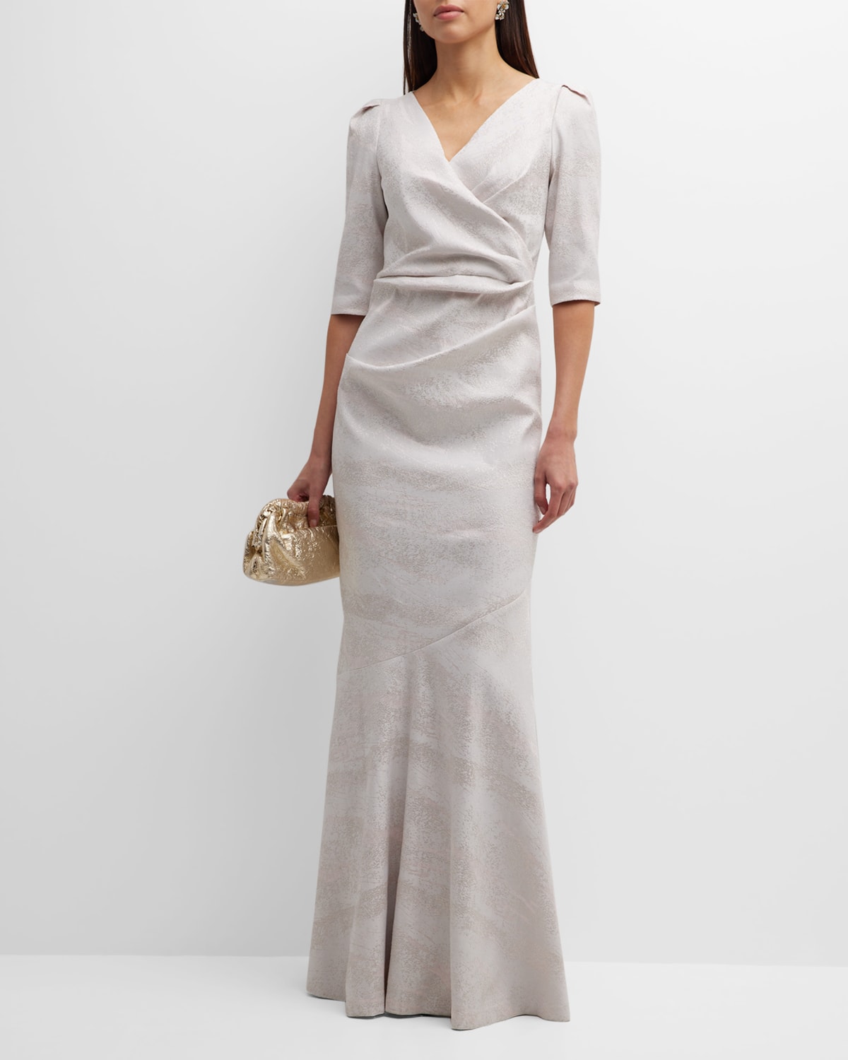 Rickie Freeman for Teri Jon Ruched Elbow-Sleeve Jacquard Gown | Neiman ...