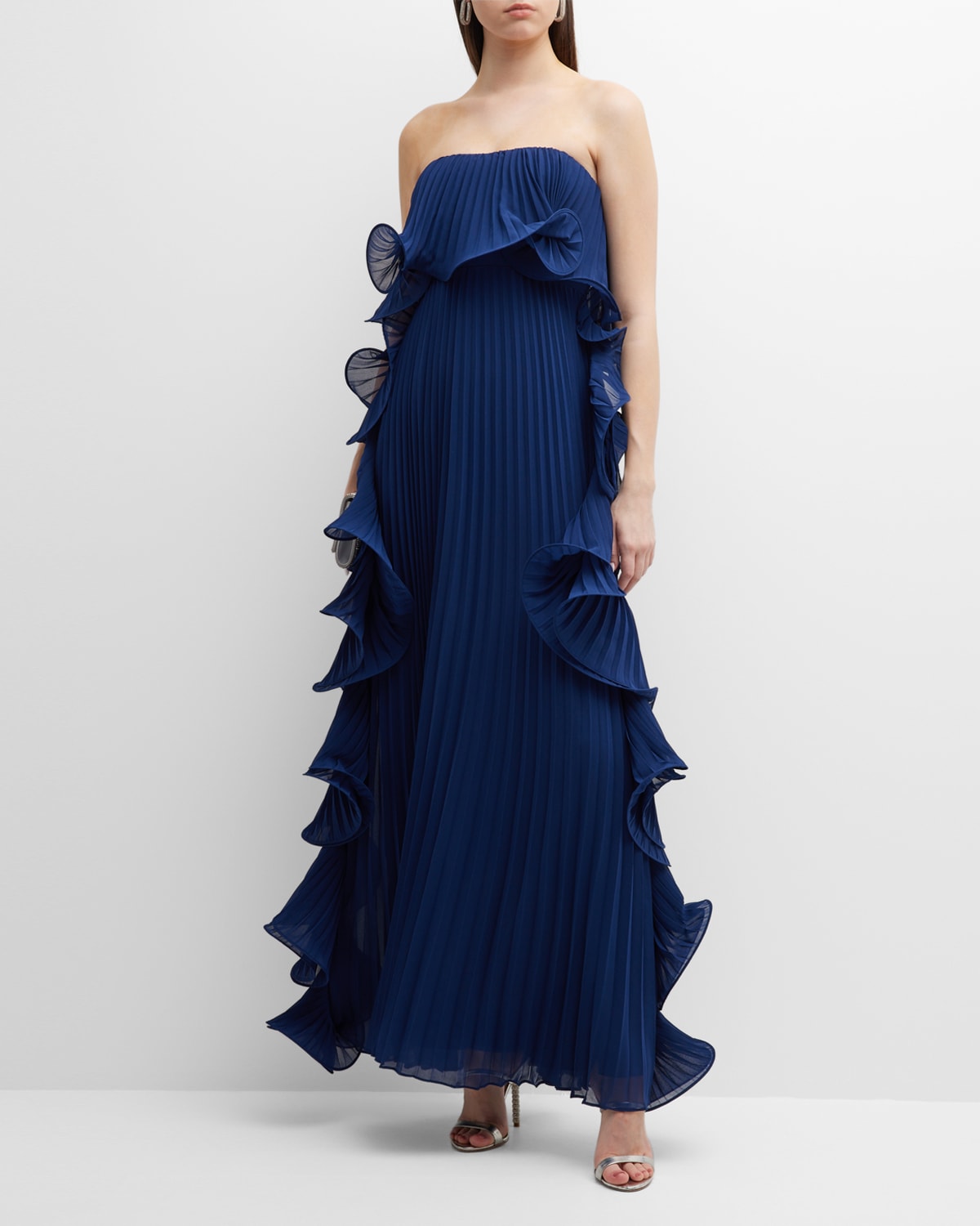 Badgley Mischka Collection Pleated Ruffle Tiered One-Shoulder Gown ...