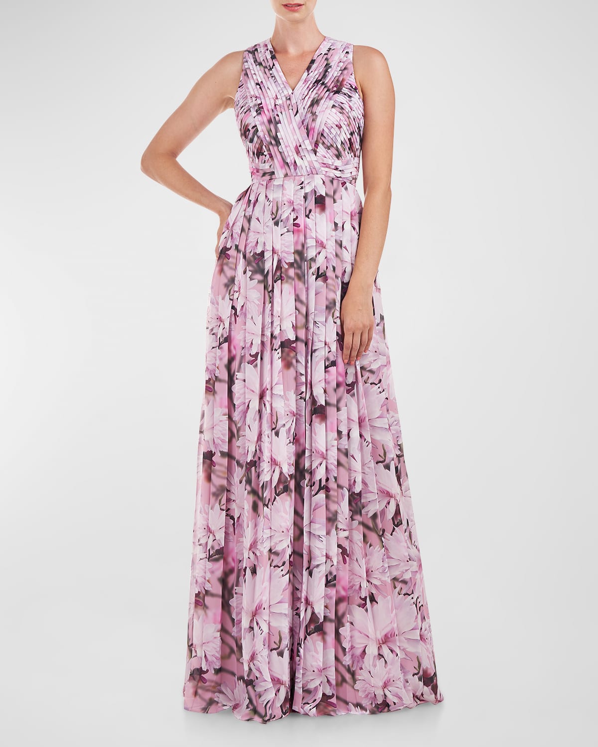 Halston Mindy Pleated Floral-Print Chiffon Gown | Neiman Marcus