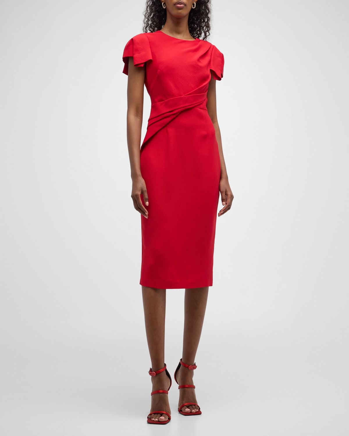 Roland Mouret Pleated Short-Sleeve Crepe Midi Dress | Neiman Marcus