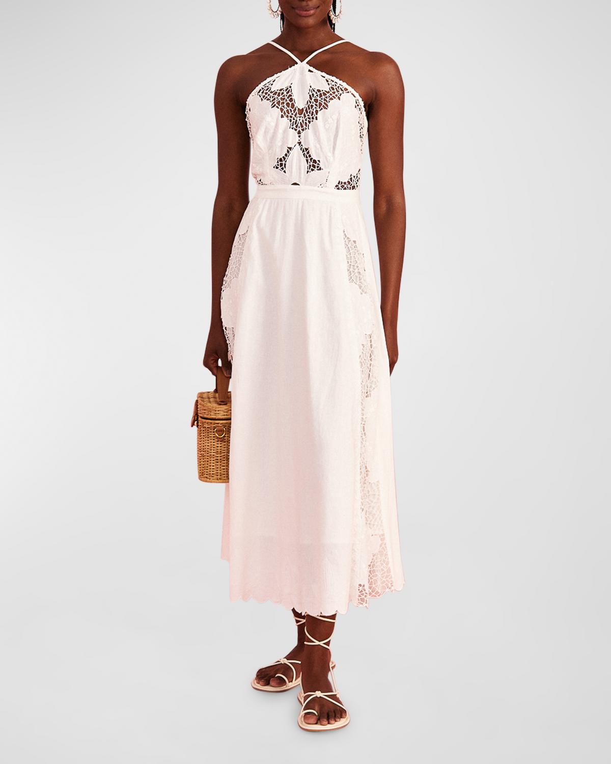 Farm Rio Embroidered Linen Tie-Back Halter Midi Dress