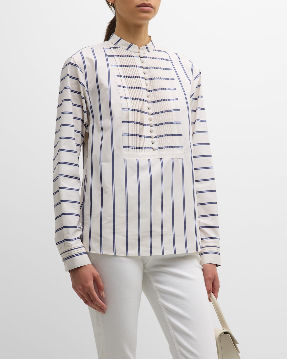 Lafayette 148 Crepe Button Sleeve Blouse in Ink Blue