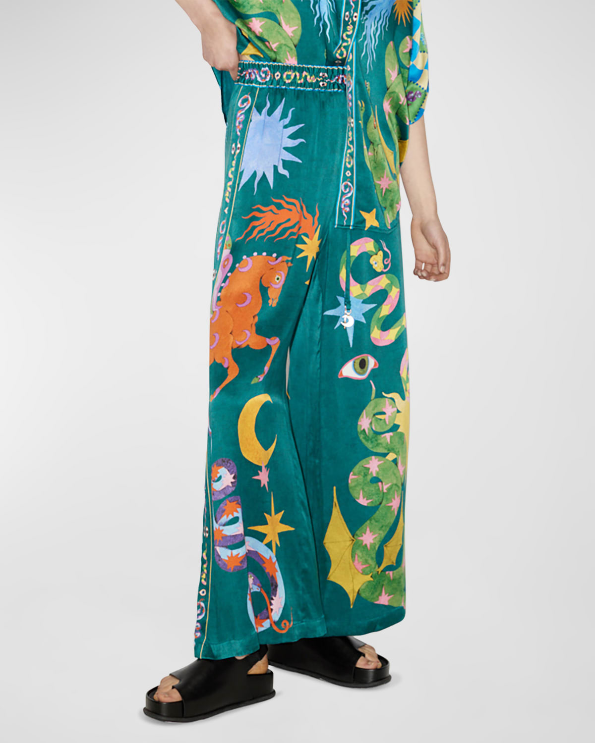 GREEN MULTICOLOR FELINE GARDEN PRINTED SILK SHIRT AND SKIRT SET 40/44
