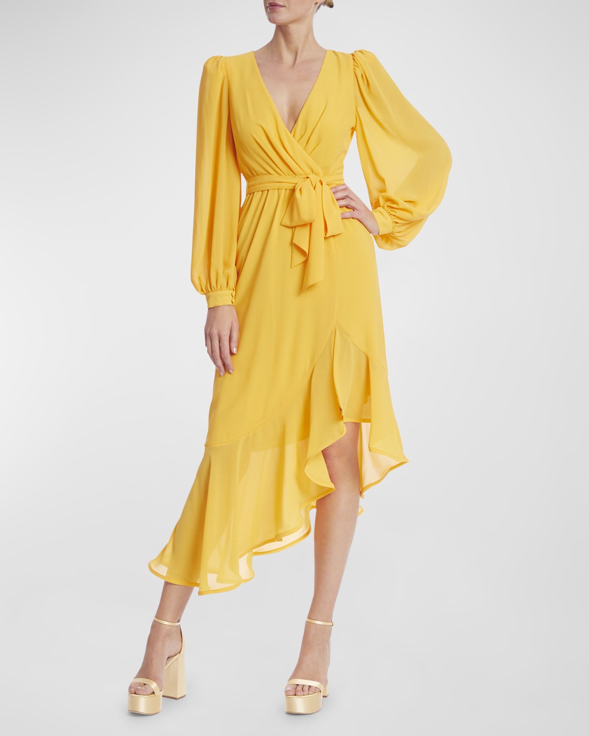 Shoshanna Esmeralda Belted Blouson-Sleeve Midi Dress | Neiman Marcus