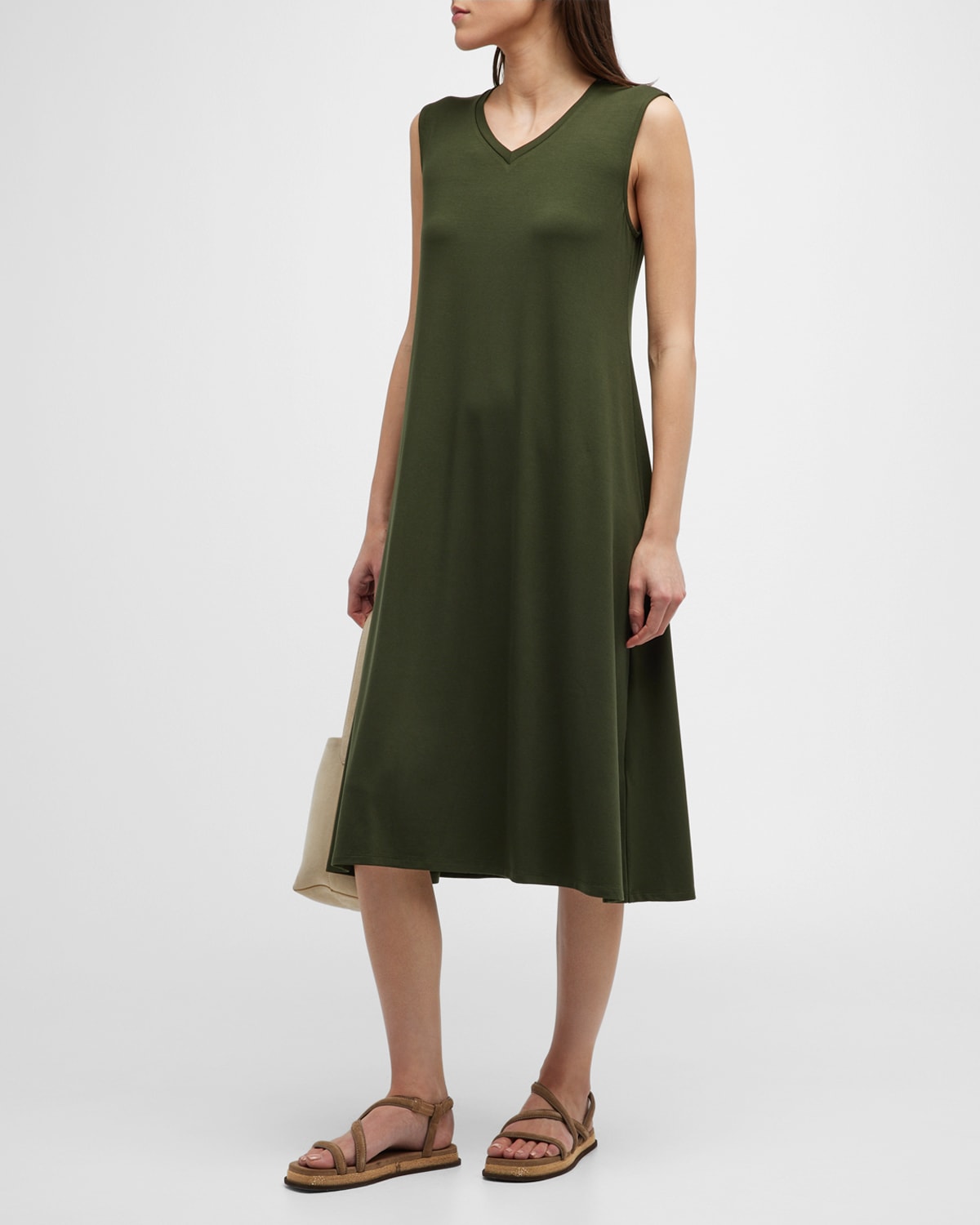 Eileen Fisher Sleeveless VNeck Jersey Midi Dress Neiman Marcus