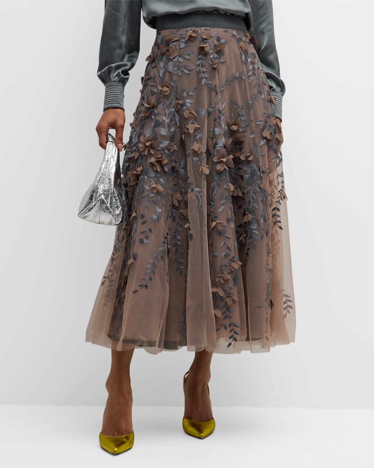 Maison Common Floral Embroidered 3/4-Sleeve Midi Tulle Illusion Dress ...