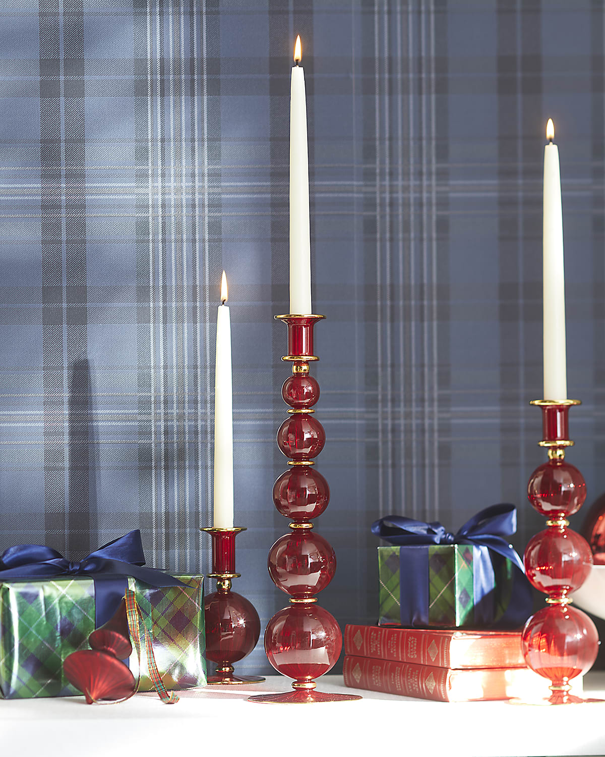 Neiman Marcus Red Glass Christmas Candle Holder, 11.8" Neiman Marcus