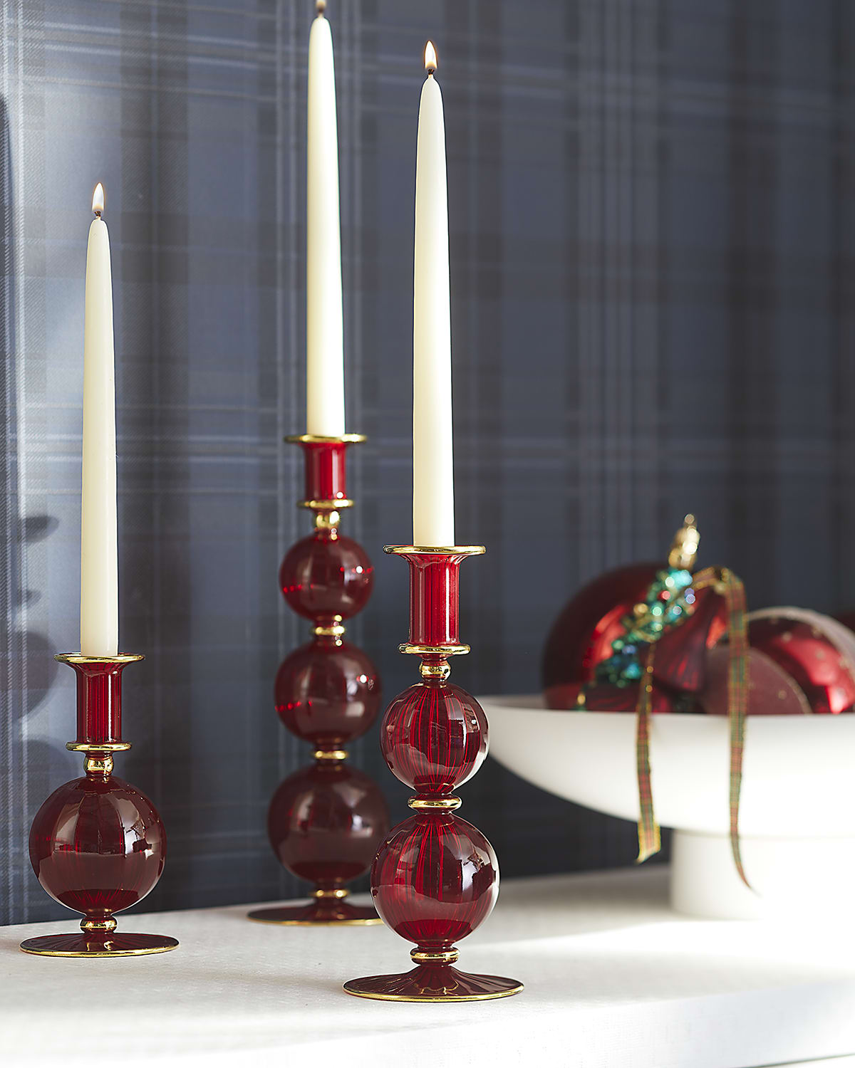 Neiman Marcus Red Glass Christmas Candle Holder, 11.8" Neiman Marcus