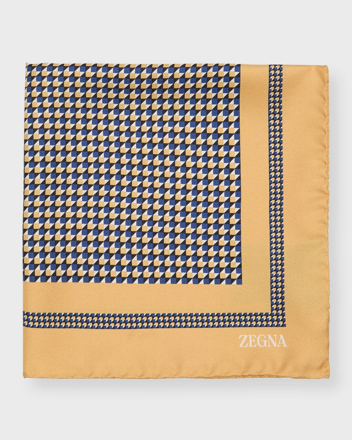 HERMES Yellow and Blue Silk Abstract Geometric Print Pocket Square