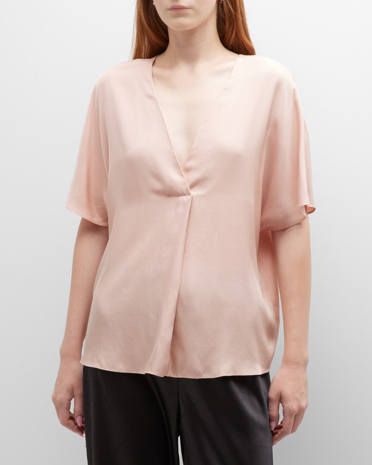 Vince Silk Cap-Sleeve Slit-Neck Blouse | Neiman Marcus