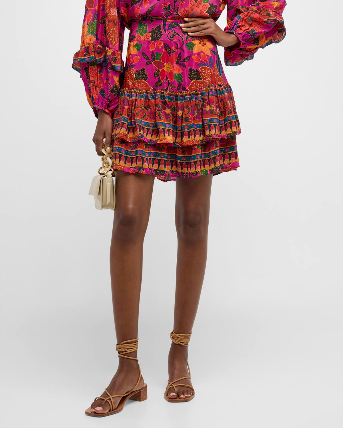 Farm Rio Tropical Tapestry Tiered Puff-Sleeve Mini Dress | Neiman Marcus