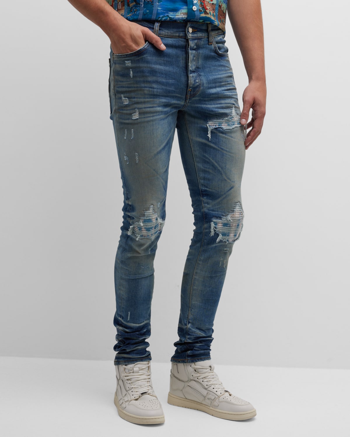 Amiri Men's Staggered Logo Skinny Jeans | Neiman Marcus