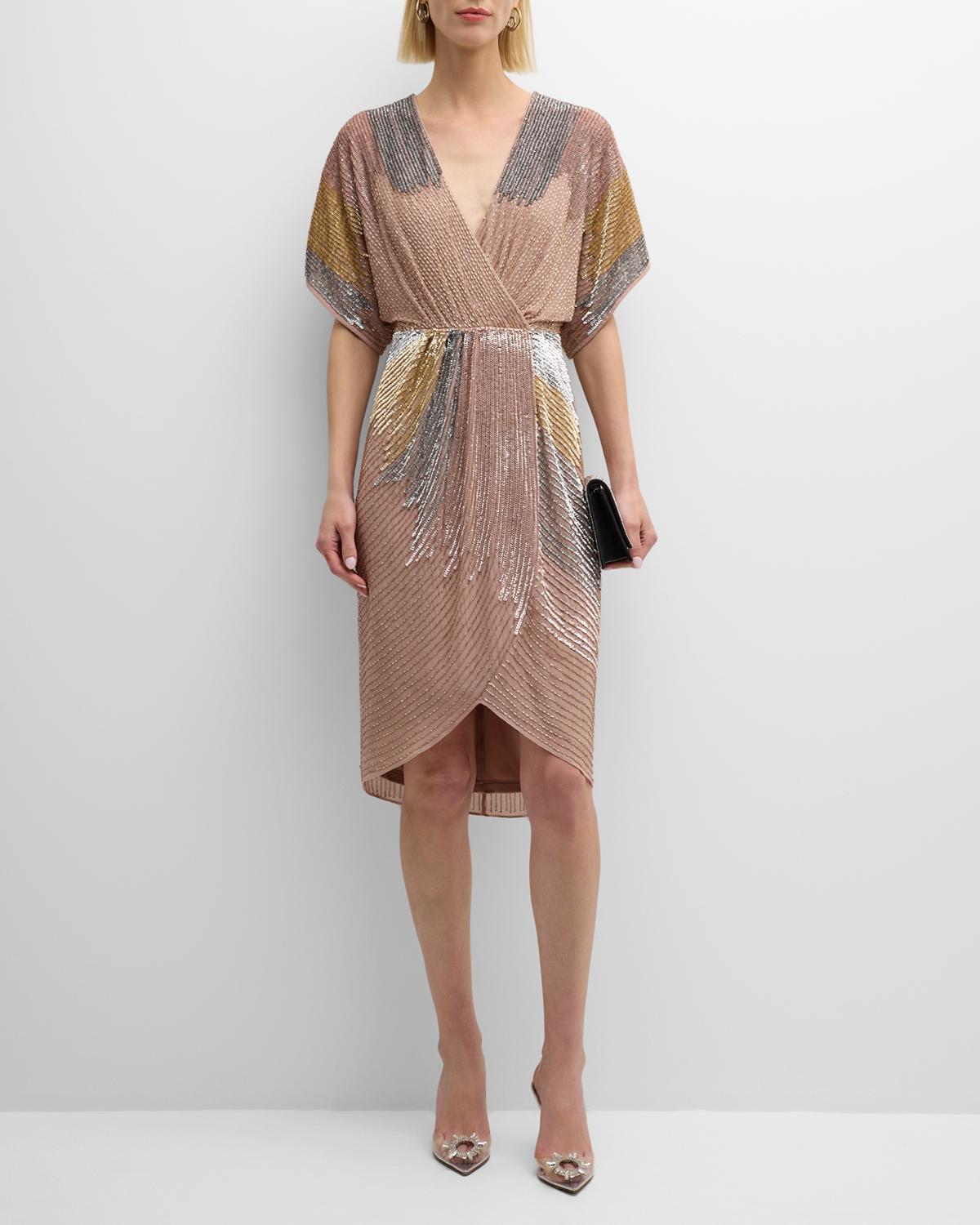 Beaded Dolman-Sleeve Faux-Wrap Midi Dress