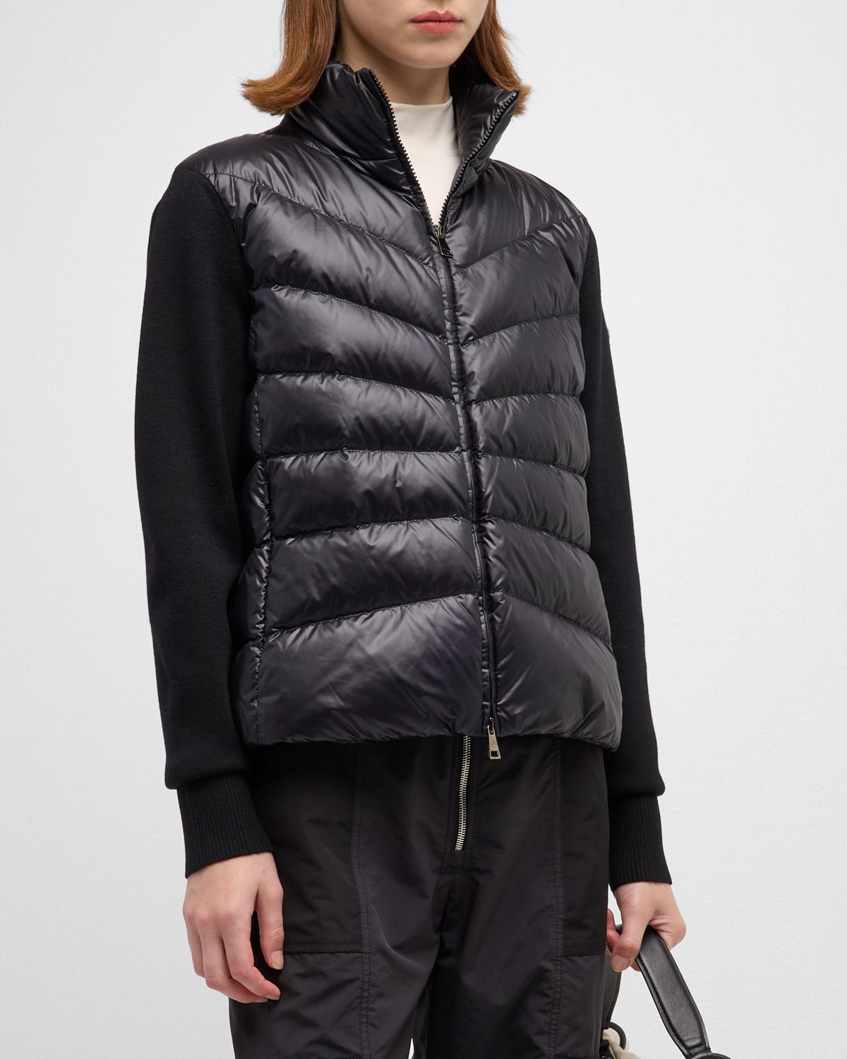 Moncler Zip-Up Wool Cardigan with Puffer Front | Neiman Marcus