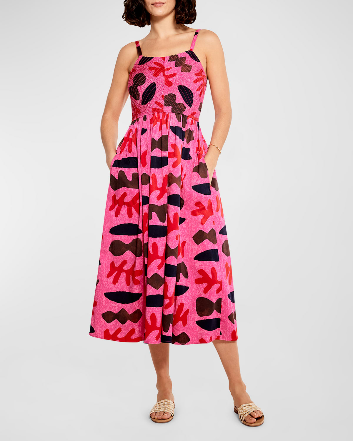 Tory Burch Printed Silk Smocked Midi Dress Neiman Marcus 9541