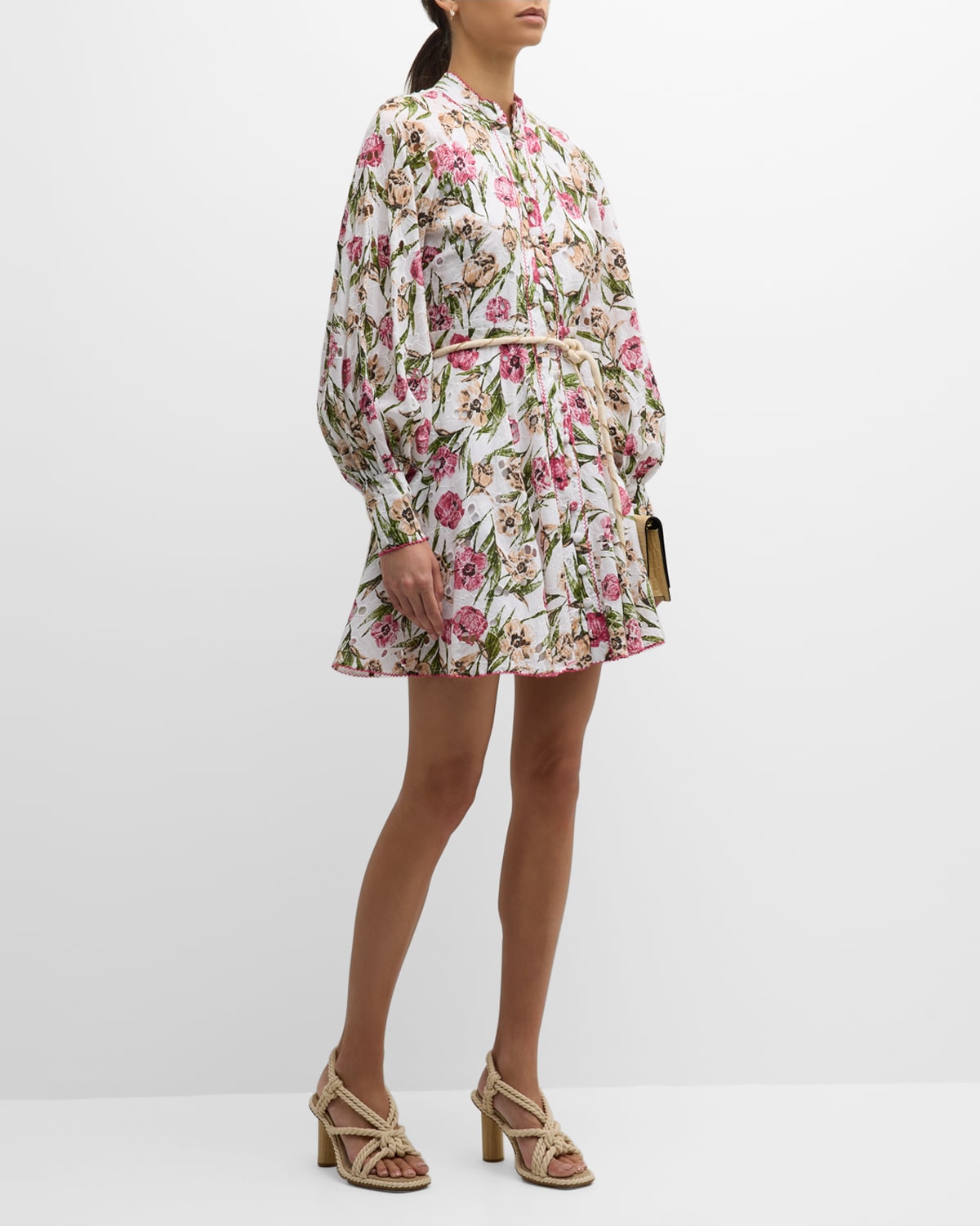 LALIBELA Embroidered Eyelet Belted Mini Dress | Neiman Marcus