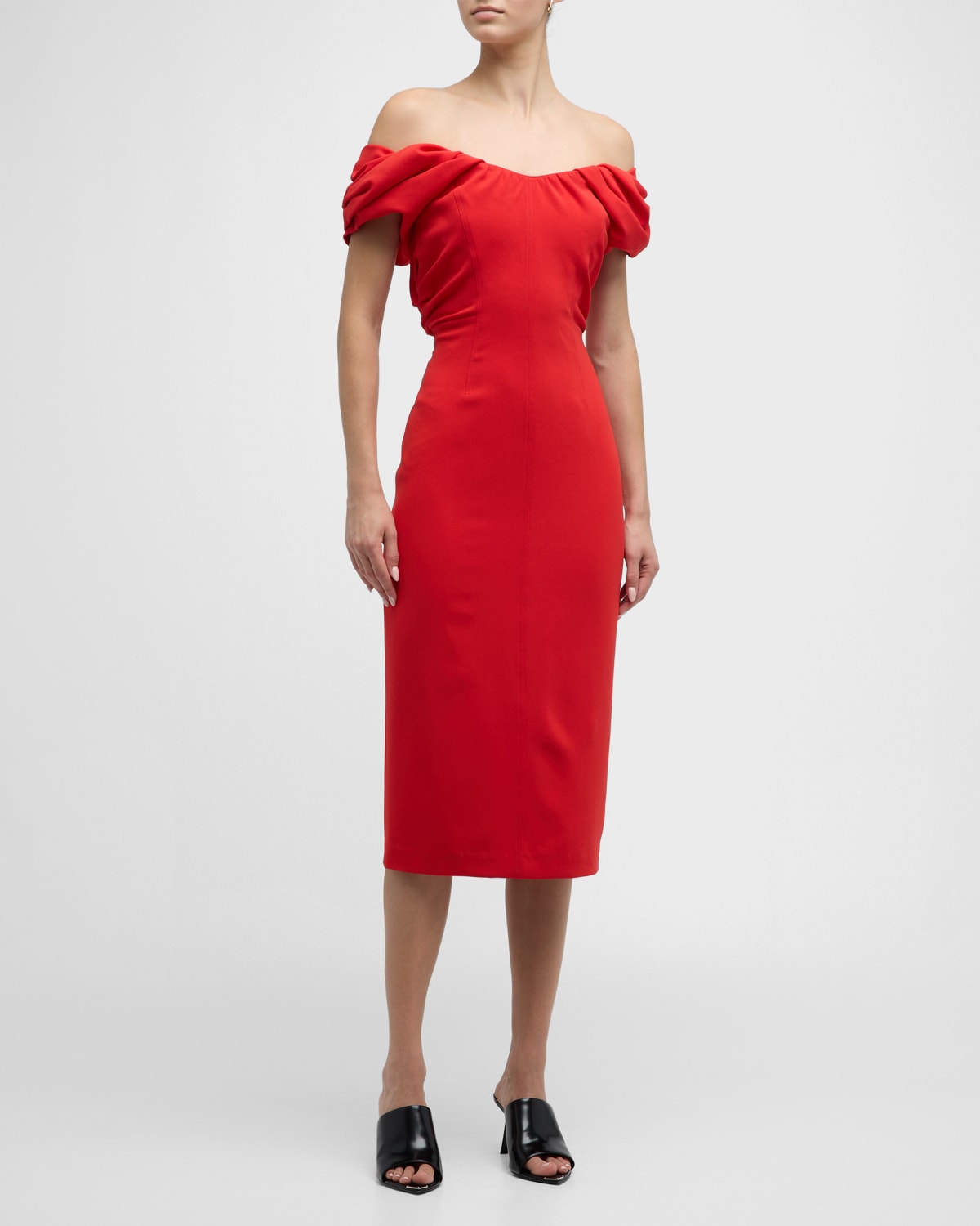 A.L.C. Nora Draped Off-The-Shoulder Midi Dress | Neiman Marcus