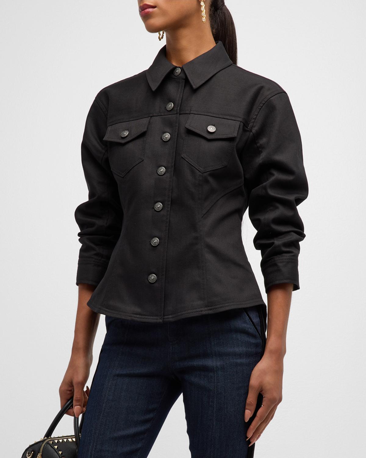 Cinq a Sept Delanie Scrunched-Sleeve Peplum Denim Jacket | Neiman Marcus