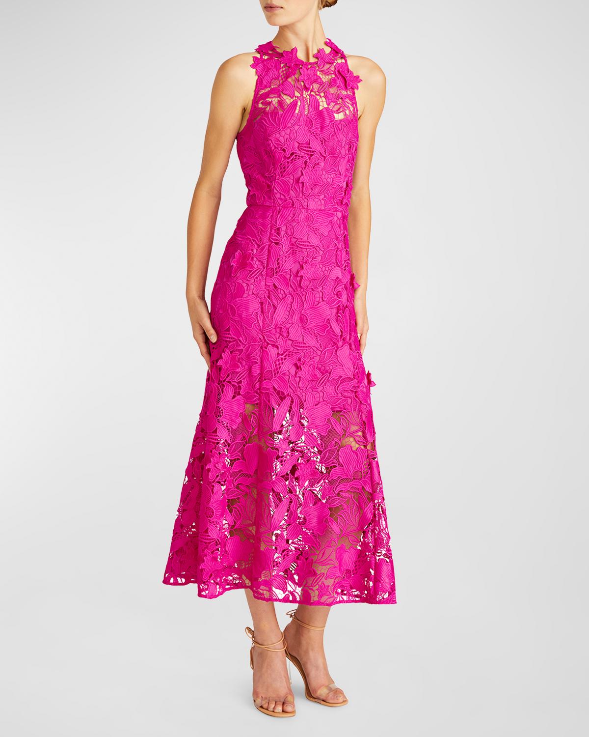 ML Monique Lhuillier Colette Floral Lace Halter Midi Dress