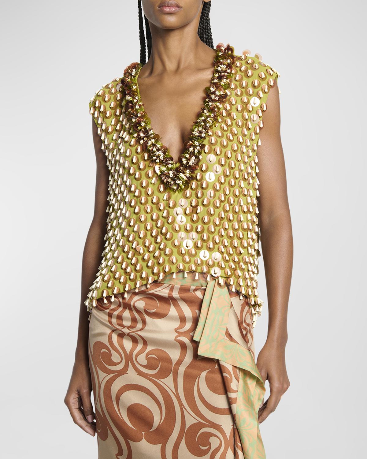Dries Van Noten College Embellished Plunging Tank Top | Neiman Marcus