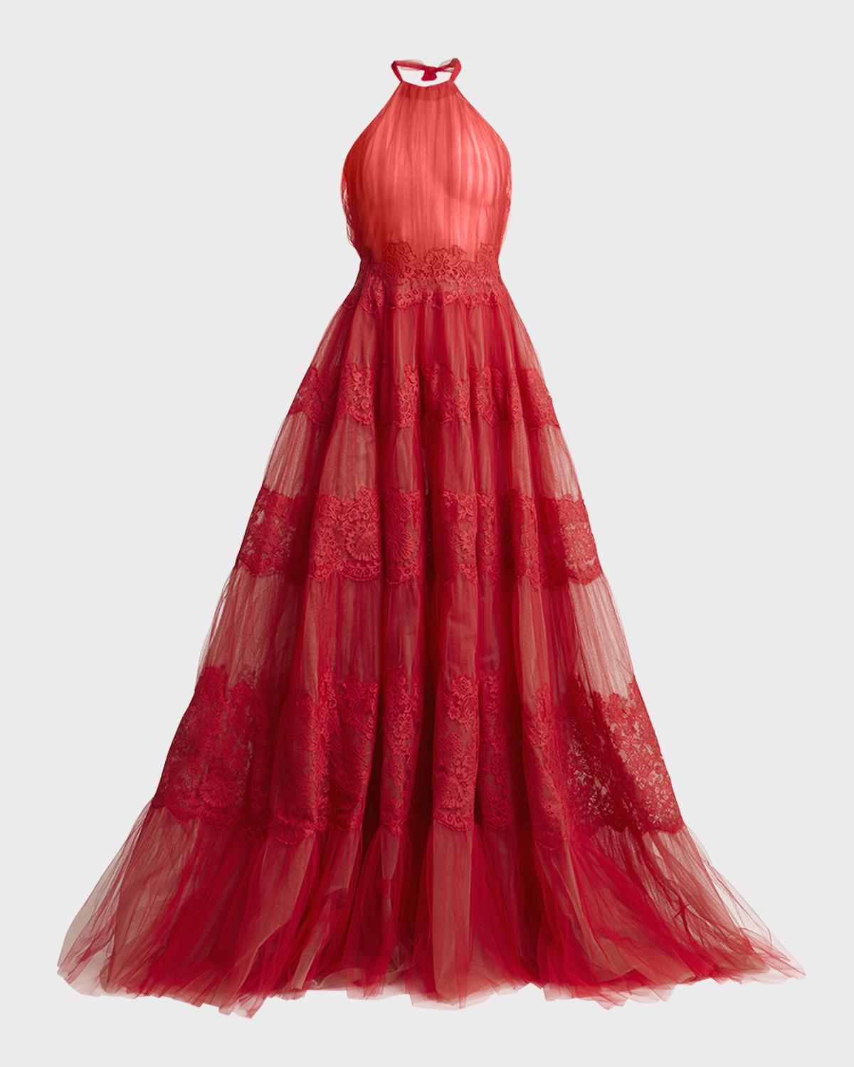 Valentino Garavani Sheer Tulle Lace Panel Halter Backless Gown