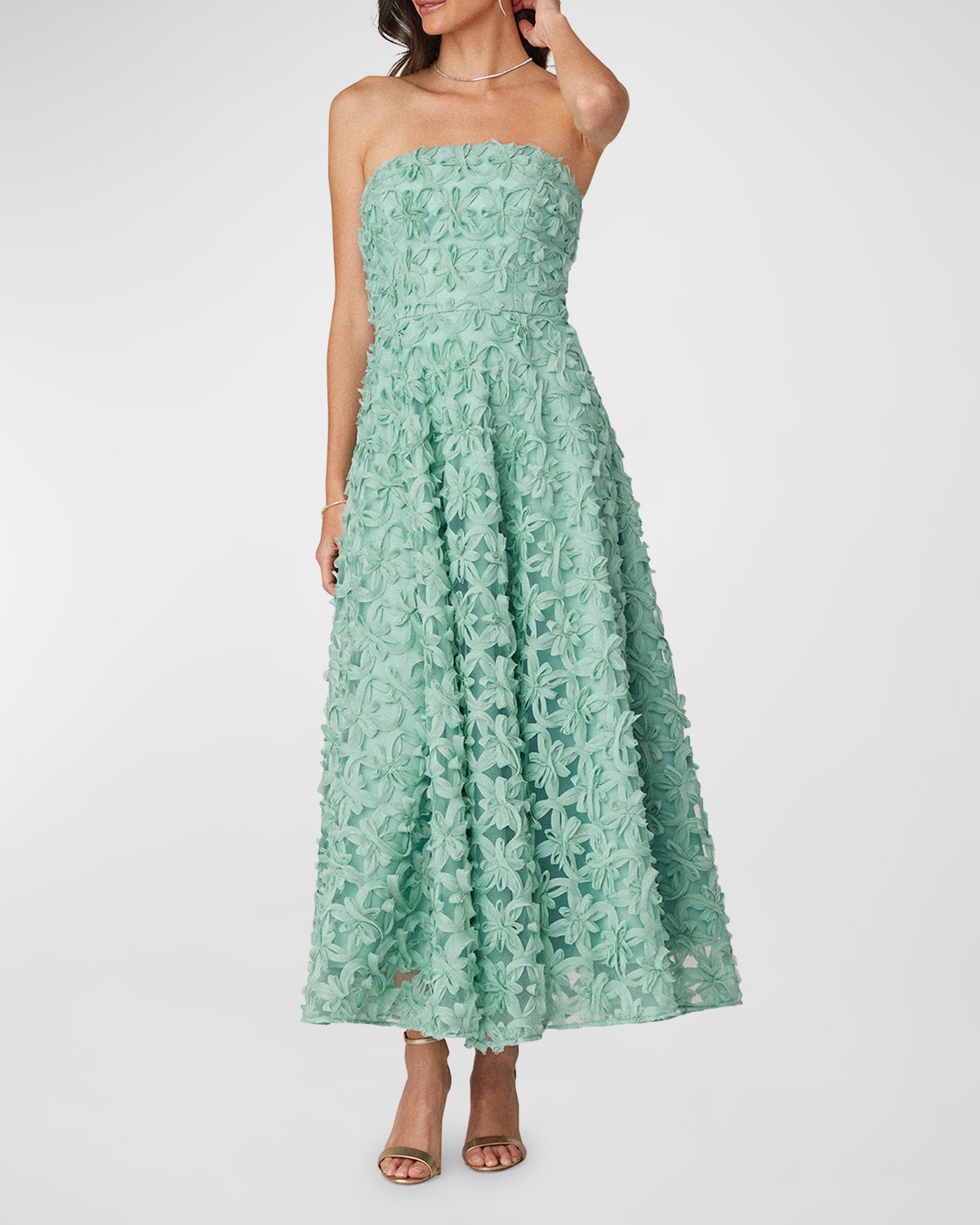 Shoshanna Strapless Floral Applique Maxi Dress Green