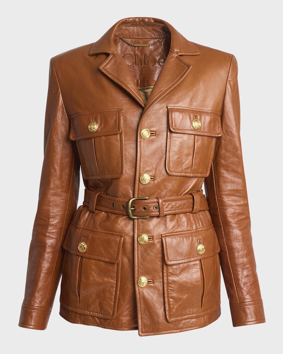 Chloe Glossy Leather Belted Military Jacket | Neiman Marcus
