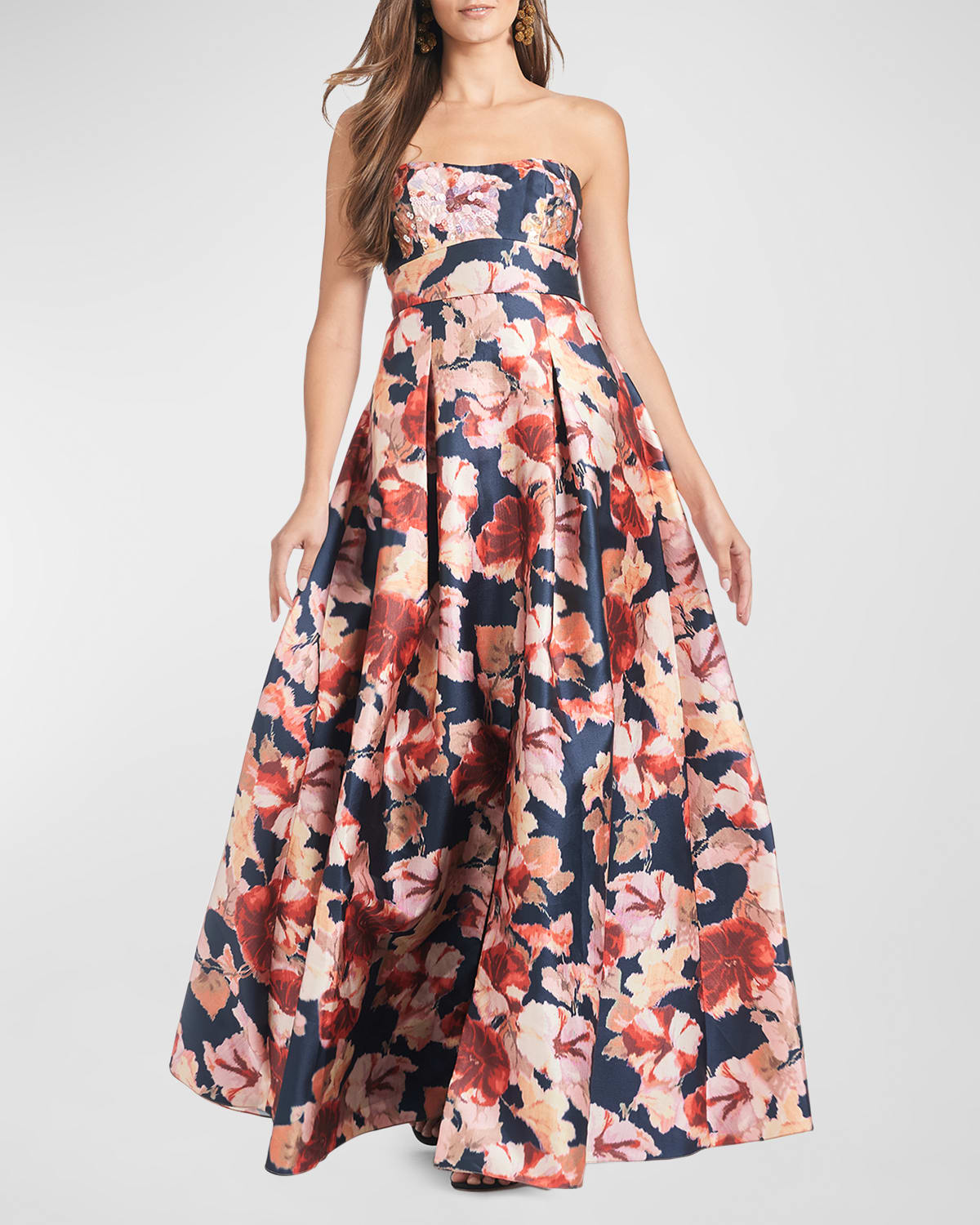 giovanna pleated strapless floral-print gown