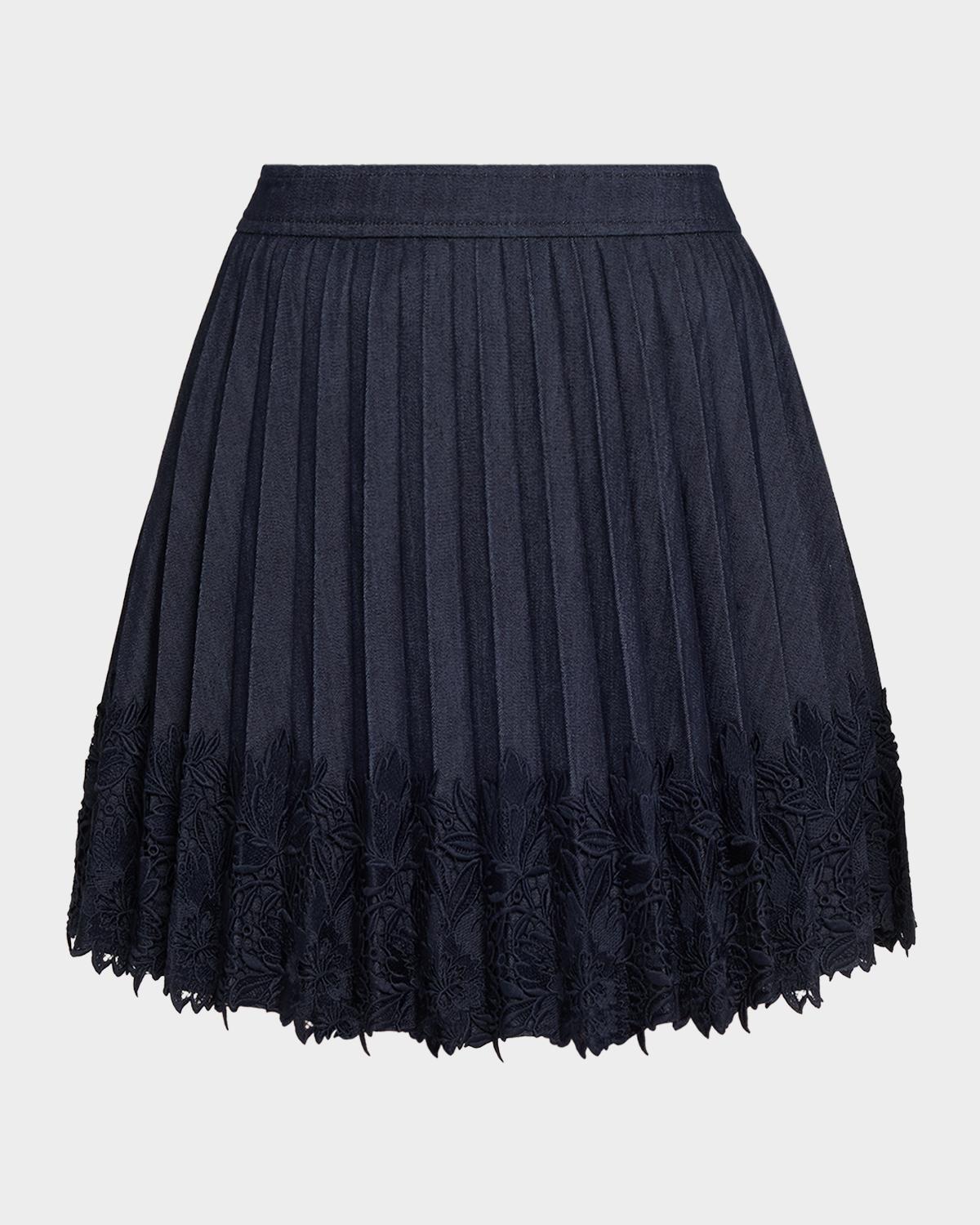 Cinq à Sept Laney Pleated Denim Lace Mini Skirt | Neiman Marcus
