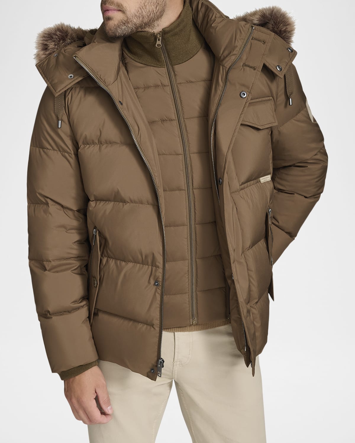 Andrew Marc Men's Down Jacket with Faux Fox Fur | Neiman Marcus