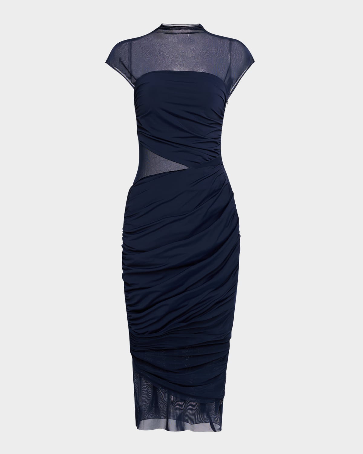 tabitha ruched mesh midi dress