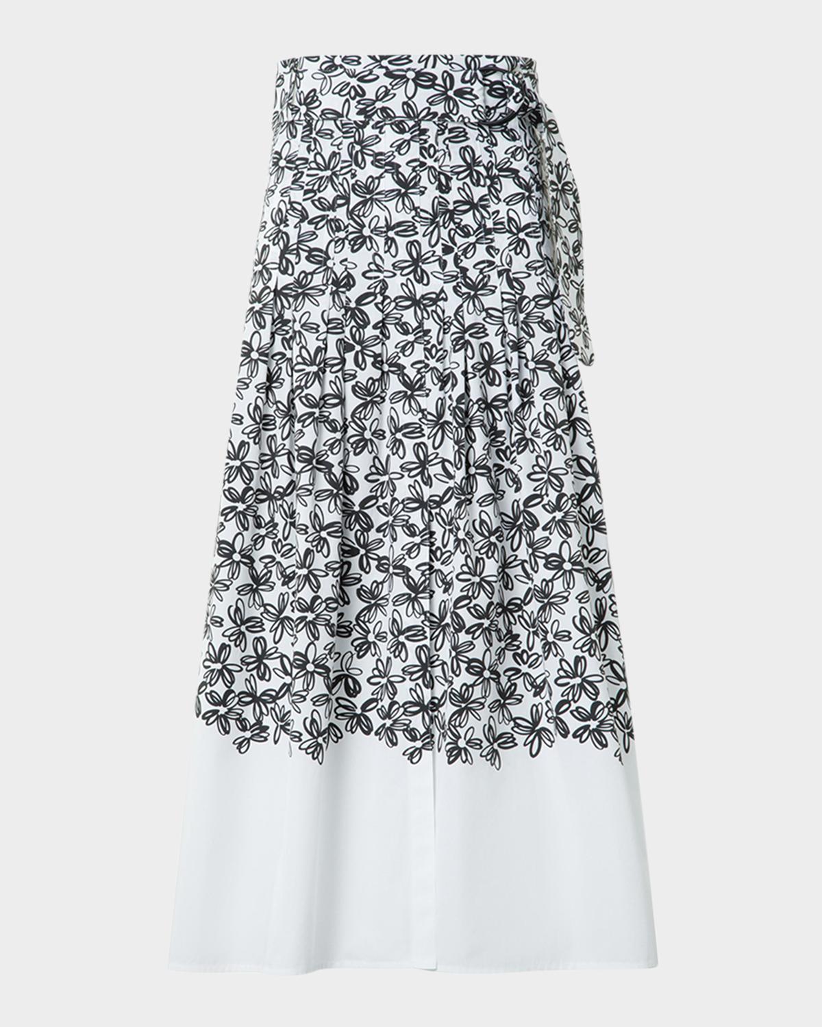 Akris punto Daisy-Print Cotton Poplin Pleated Midi Skirt With Belt