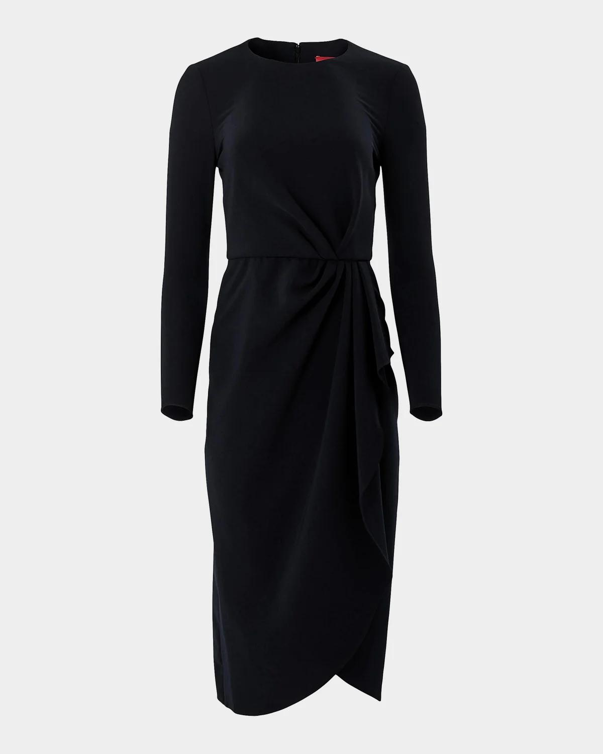 Draped Long-Sleeve Midi Dress
