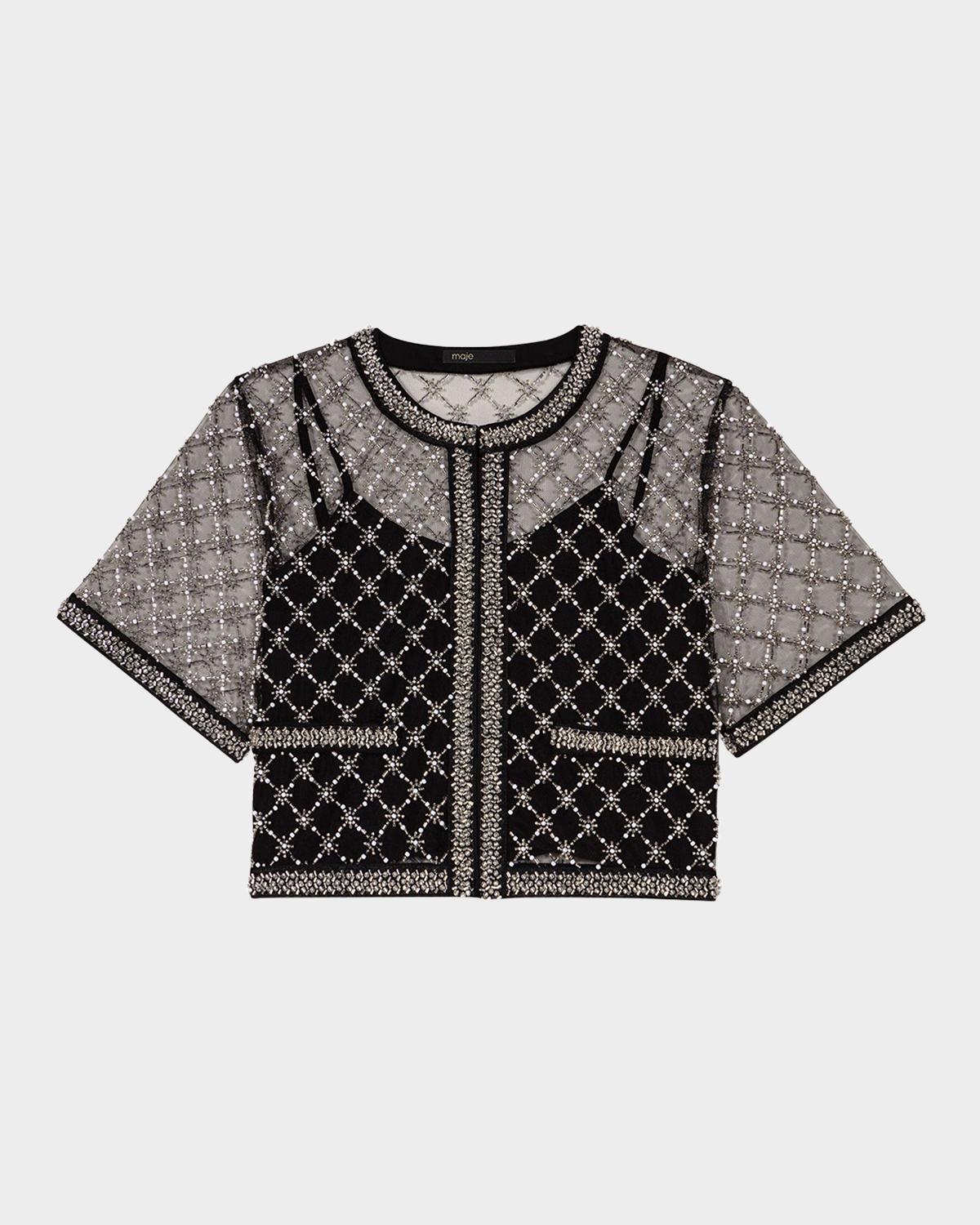 Maje Lione Sizelle Embroidered Tulle Top | Neiman Marcus