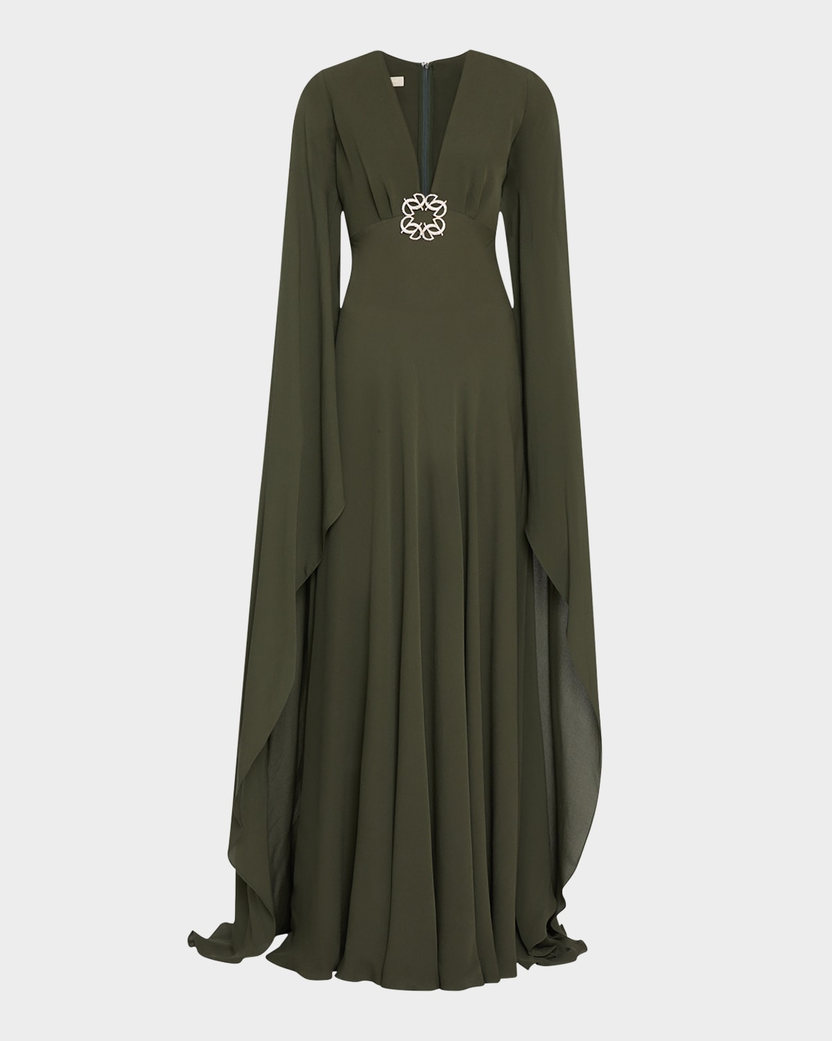 plunging crystal cape-sleeve silk gown